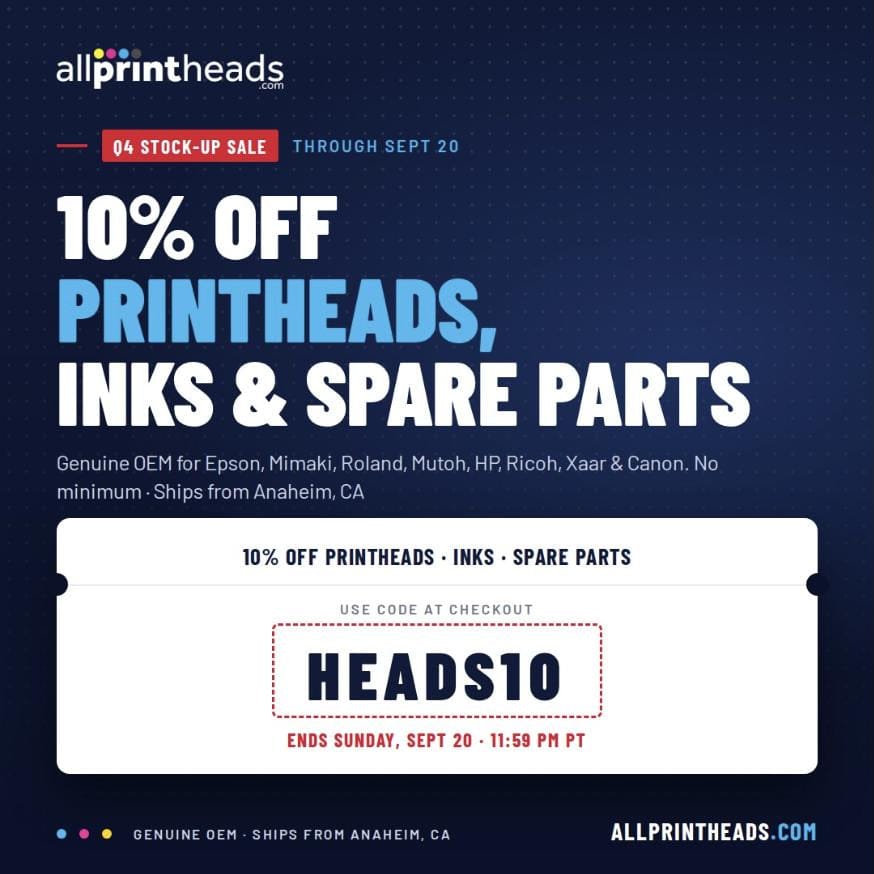 Q4 stock-up sale — 10% off printheads, inks & spare parts with code HEADS10 through Sept 20