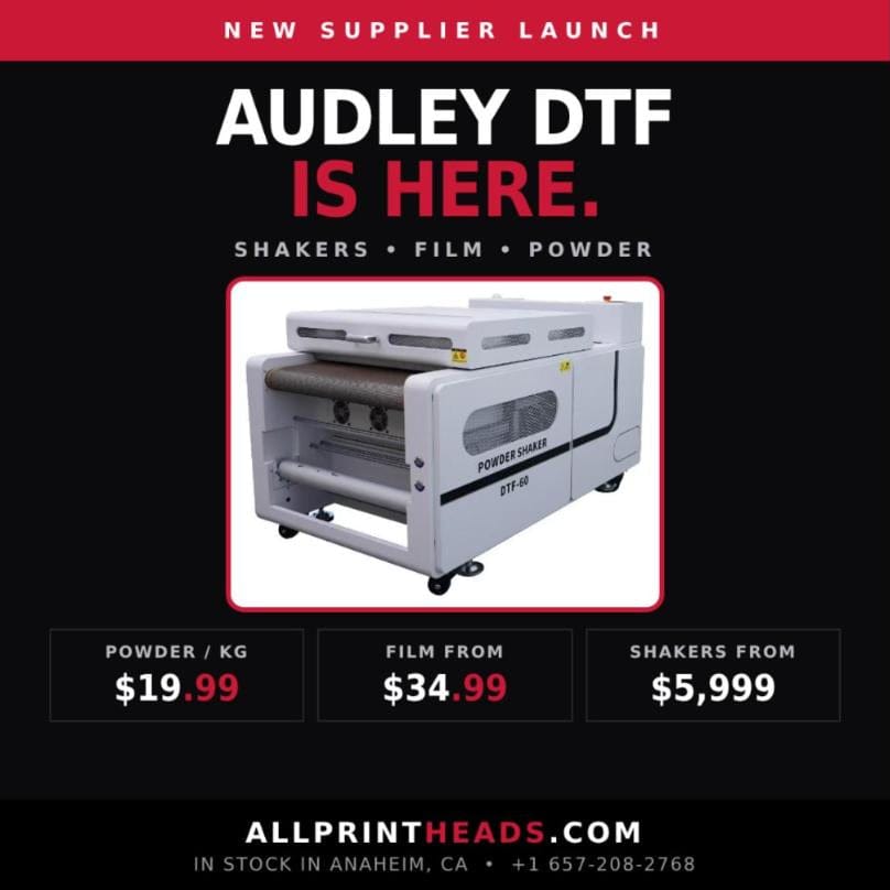 New supplier: Audley DTF — shakers, film & powder stocked in Anaheim, ready to ship