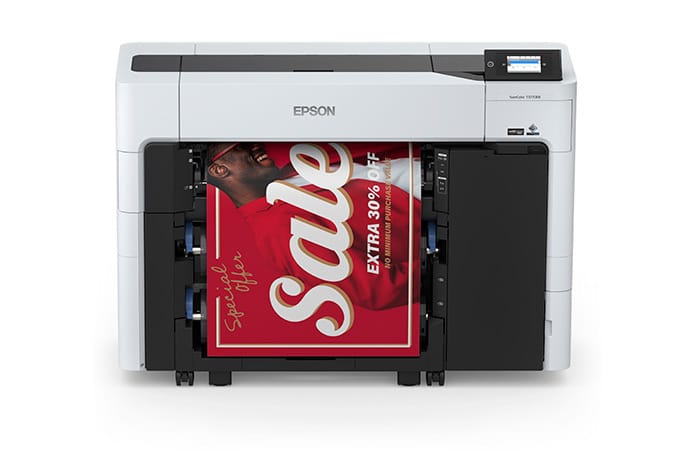 Epson SureColor T3770DE 24-Inch Dual-Roll CAD/Technical Printer - Front View with Output