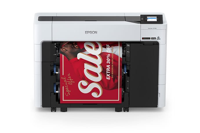 Epson SureColor T3770DR 24-Inch Dual-Roll CAD/Technical Printer - Front View with Output